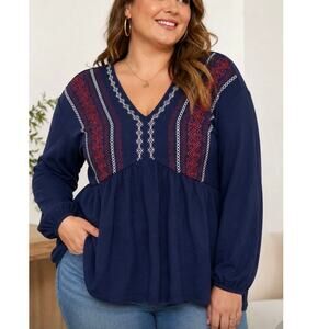 BloomChic Womens 14-16 Navy Embroidered Boho Peplum Blouse Long Sleeve
